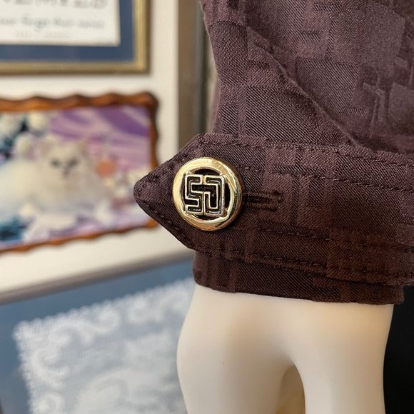 St John Sport Dark Brown All Over Logo Fitted Jacket with Gold Hardware Size S - Picture 2 of 9